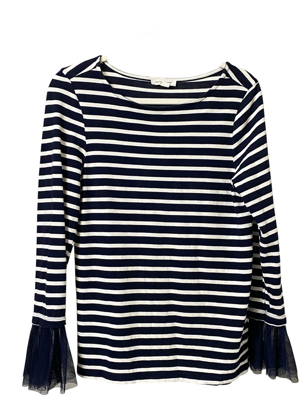 BeachLunchLounge navy blue white striped long sleeve cotton mesh cuff shirt S